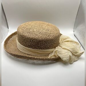 Women’s Open Weave Cloche Hat with Cream Gauze Ribbon